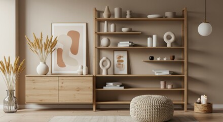 Modern minimalist interior, neutral tones, wooden shelving unit, decorative vases, abstract wall art, dried pampas grass, woven poufs, earthy textures, bohemian accents, cozy living room, natural mate
