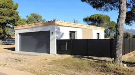 Modern Garage Attached to Home with Black Fence in Sunny Landscape