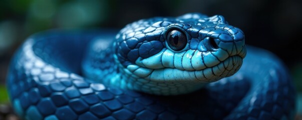 Fototapeta premium Blue venomous snake's face in close-up with sharp teeth , blue viper snake, closeup, blue
