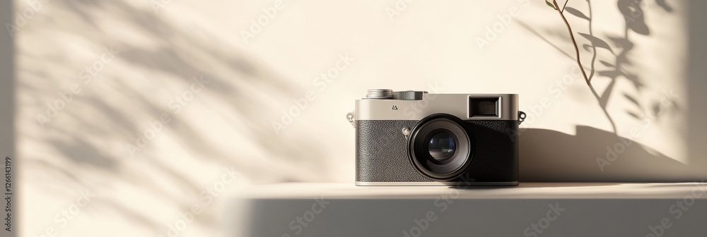 Fototapete vintage camera on a minimalistic surface with soft shadows and natural light in a serene environment