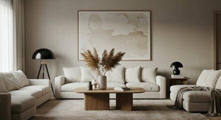 Minimalist living room, neutral color palette, beige sofa, wooden coffee table, abstract wall art, pampas grass decoration, sleek floor lamp, textured rug, natural light, cozy atmosphere, Scandinavian