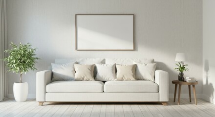 Minimalist living room, white sofa, large empty frame, potted plants, natural light, shadow patterns, wooden floor, side table, white lamp, cozy throw blanket, neutral colors, contemporary design, cle