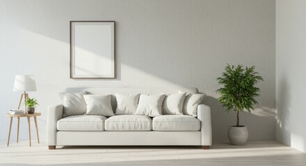 Modern minimalist living room, white sofa, beige throw pillows, gray blanket, potted plant, white walls, framed artwork, side table with vase, natural light, cozy interior design, neutral color palett