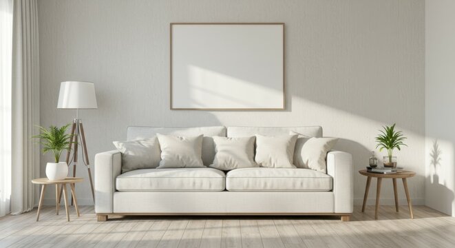 Minimalist living room, white sofa, large empty frame, potted plants, natural light, shadow patterns, wooden floor, side table, white lamp, cozy throw blanket, neutral colors, contemporary design, cle