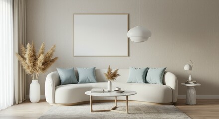 Modern minimalist living room, curved white sofa, light blue throw pillows, round coffee tables, pendant light, framed wall art, pampas grass arrangement, beige walls, cozy interior design, natural te