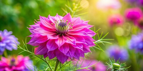 Obraz premium Vibrant Pink Nigella Flower Bloom in Purple Garden Setting - High Resolution Stock Photo