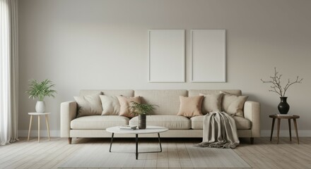 Minimalist living room, cream colored sofa, wall panels, side table with plant, coffee table, throw pillows, cozy blanket, neutral tones, soft lighting, modern decor, elegant interior design, unclutte