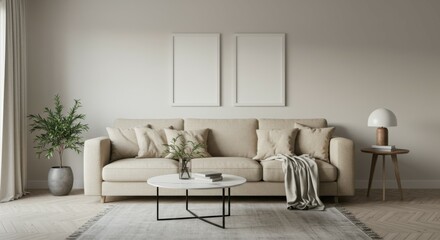 Cozy living room, neutral tones, beige sectional sofa, throw pillows, blanket, wooden coffee table, white brick wall, empty picture frames, potted plant, side table lamp, natural light from window, mi