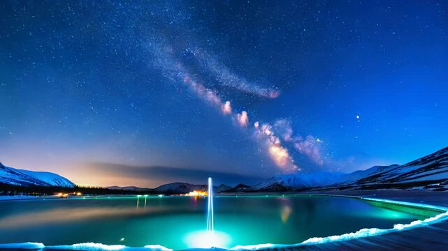 Magische Winterlandschaft &ndash; Nordlichter &uuml;ber einer beleuchteten Schneelandschaft mit gefrorenem Pool