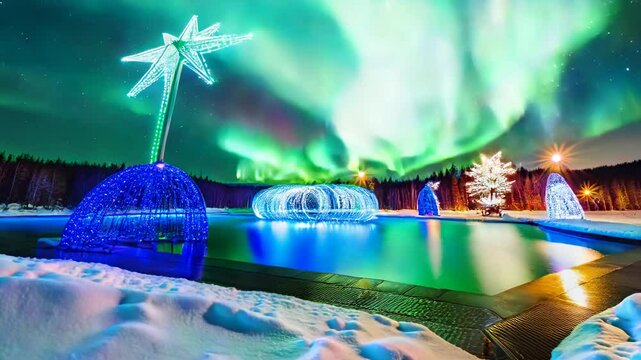 Magische Winterlandschaft &ndash; Nordlichter &uuml;ber einer beleuchteten Schneelandschaft mit gefrorenem Pool