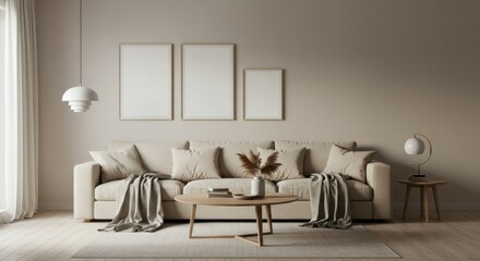 Cozy modern living room, neutral tones, beige sofa, wooden coffee table, minimalist decor, textured wall, empty picture frames, pendant light, soft natural lighting, potted plant, throw pillows, woven