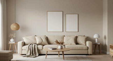 Cozy modern living room, neutral tones, beige sofa, wooden coffee table, minimalist decor, textured wall, empty picture frames, pendant light, soft natural lighting, potted plant, throw pillows, woven