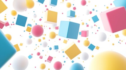 Colorful geometric shapes floating in the air, abstract background design