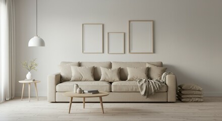 Minimalist living room, neutral color palette, beige sofa, cozy throw blankets, white walls, pendant light, framed art prints, wooden coffee table, woven rug, potted plant, natural light, Scandinavian