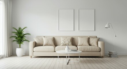 Minimalist living room, neutral tones, beige sofa, white walls, wooden coffee table, potted plants, abstract wall art, natural light, contemporary interior design, cozy atmosphere, clean lines, textur