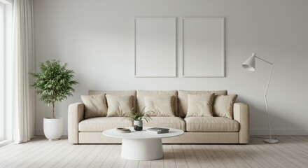 Minimalist living room, neutral tones, beige sofa, white walls, wooden coffee table, potted plants, abstract wall art, natural light, contemporary interior design, cozy atmosphere, clean lines, textur
