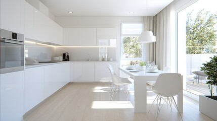 Fototapeta premium Modern white kitchen dining area, sunny balcony view