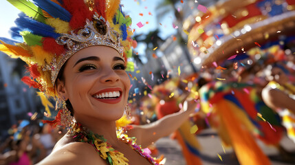 Brazilian samba dancer smiling during rio de janeiro carnival parade