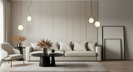 Modern minimalist living room, neutral tones, beige sofa, gray armchairs, round pendant lights, textured wall panels, dried pampas grass, black coffee tables, framed artwork leaning, cozy interior des