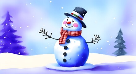 Happy smiling snowman with hat in a snowy winter day, snowflakes are falling on a blue background illustration 