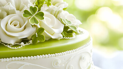 Elegant green wedding cake with white roses, outdoor background