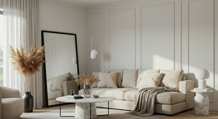 Modern minimalist living room, neutral color palette, beige sofa, white walls, large window, natural light, pampas grass decor, black coffee table, arched doorway, hardwood floors, framed artwork, coz