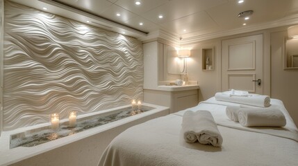 Relaxing day spa with wavy wall and candles for wellness and healthcare