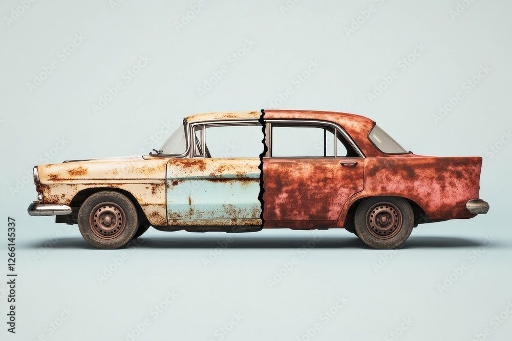 Poster Comparison of a dented and rusted car alongside its perfectly restored version showcasing vehicle repair effects. Generative AI