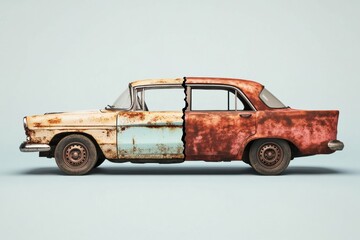 Comparison of a dented and rusted car alongside its perfectly restored version showcasing vehicle repair effects. Generative AI