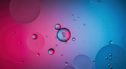 Abstract macro photography, oil and water droplets, colorful background, pink and blue gradient, surface tension, spherical shapes, reflections, high contrast, microscopic view, liquid art, vibrant co