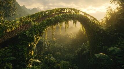 Fototapeta premium Overgrown Bridge in Lush Tropical Jungle at Sunset