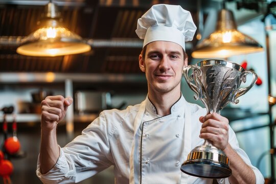Victorious chef smiles, trophy held high in a gleaming kitchen victory celebration elegant lighting.