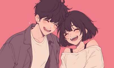 Obraz premium A cute and happy couple laughing together in Korean webtoon style