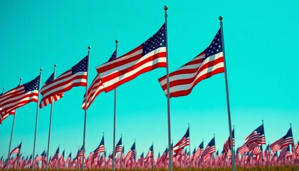 American Flags Waving in the Wind on a Clear Day