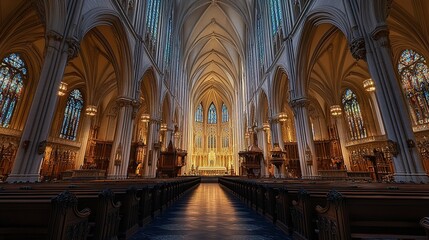 Fototapeta premium Majestic Cathedral Interior With Tall Columns And Stained Glass