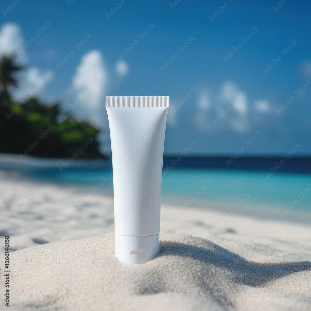 Poster Cosmetics cream tube resting in soft sand with a serene beach view in the background during daytime. Generative AI