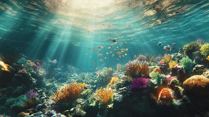 Obraz premium Vibrant Coral Reef Ecosystem With Sunlit Water And Fish