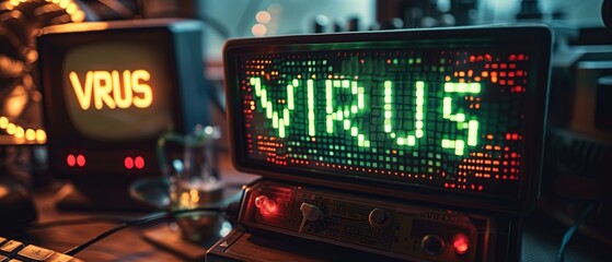 Only the two words "VIRUS" in a pixelated green and red pixelated font on the screen of a small display on a digital gadget