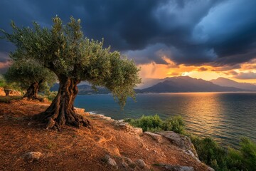 Obraz premium Evening light illuminates olive trees by the sea under dramatic clouds near a tranquil shoreline
