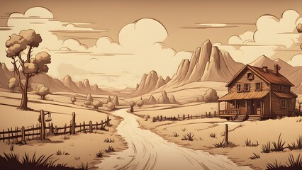 Hand-drawn sepia illustration of a rustic farmhouse on a winding dirt road, nestled in a picturesque western landscape with rolling hills and rocky mountains under a cloudy sky.