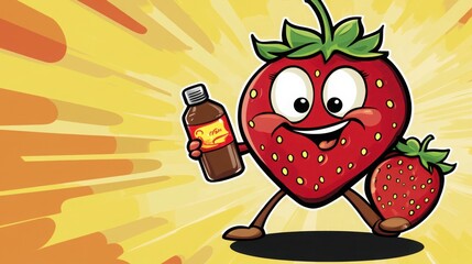 Cheerful Strawberry Character Holding Juice Bottle with Smile