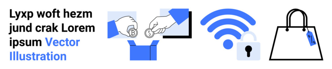 Hands placing coins in a box, wireless lock representing secure internet, and shopping bag with a tag. Ideal for e-commerce, online security, finance, technology, retail, networking flat landing