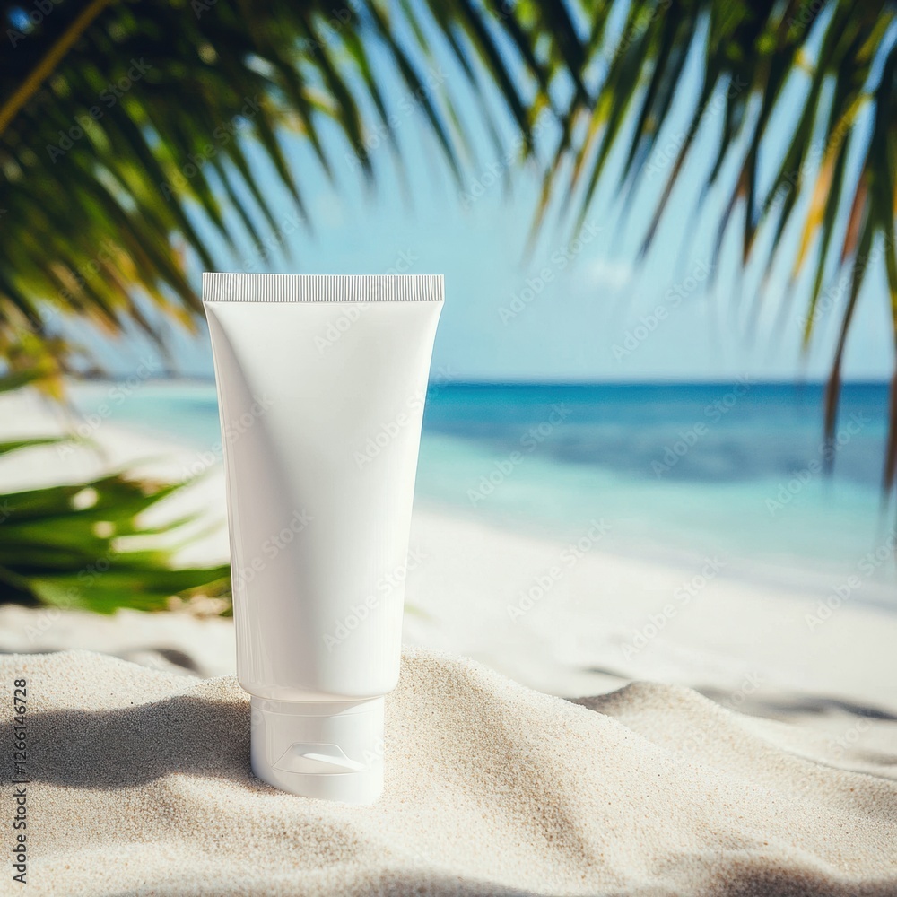 Poster mockup of a cosmetics cream tube on sandy beach with ocean view in bright daylight. generative ai