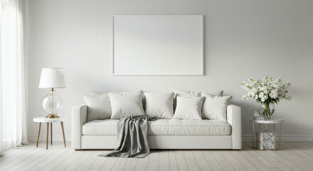 modern minimalist living room, white walls, grey sofa, blank canvas frame, side table, table lamp, vase with white flowers, hardwood floor, natural light, clean lines, neutral color palette, scandinav