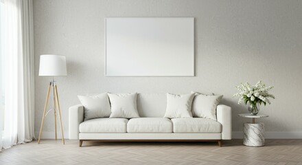 modern minimalist living room, white walls, grey sofa, blank canvas frame, side table, table lamp, vase with white flowers, hardwood floor, natural light, clean lines, neutral color palette, scandinav