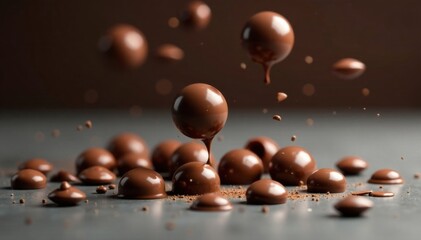 Naklejka premium Chocolate drops falling horizontally on a table surface , chocolate, fall, drops