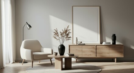 Minimalist living room, Scandinavian design, neutral tones, beige sofa, wooden sideboard, round coffee table, black floor lamp, large white canvas, potted plant, natural light, shadow play, textured w