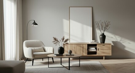 Minimalist living room, Scandinavian design, neutral tones, beige sofa, wooden sideboard, round coffee table, black floor lamp, large white canvas, potted plant, natural light, shadow play, textured w