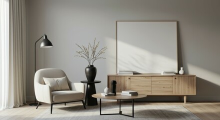 Minimalist living room, Scandinavian design, neutral tones, beige sofa, wooden sideboard, round coffee table, black floor lamp, large white canvas, potted plant, natural light, shadow play, textured w