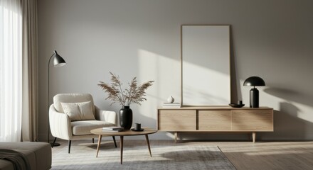 Minimalist living room, Scandinavian design, neutral tones, beige sofa, wooden sideboard, round coffee table, black floor lamp, large white canvas, potted plant, natural light, shadow play, textured w